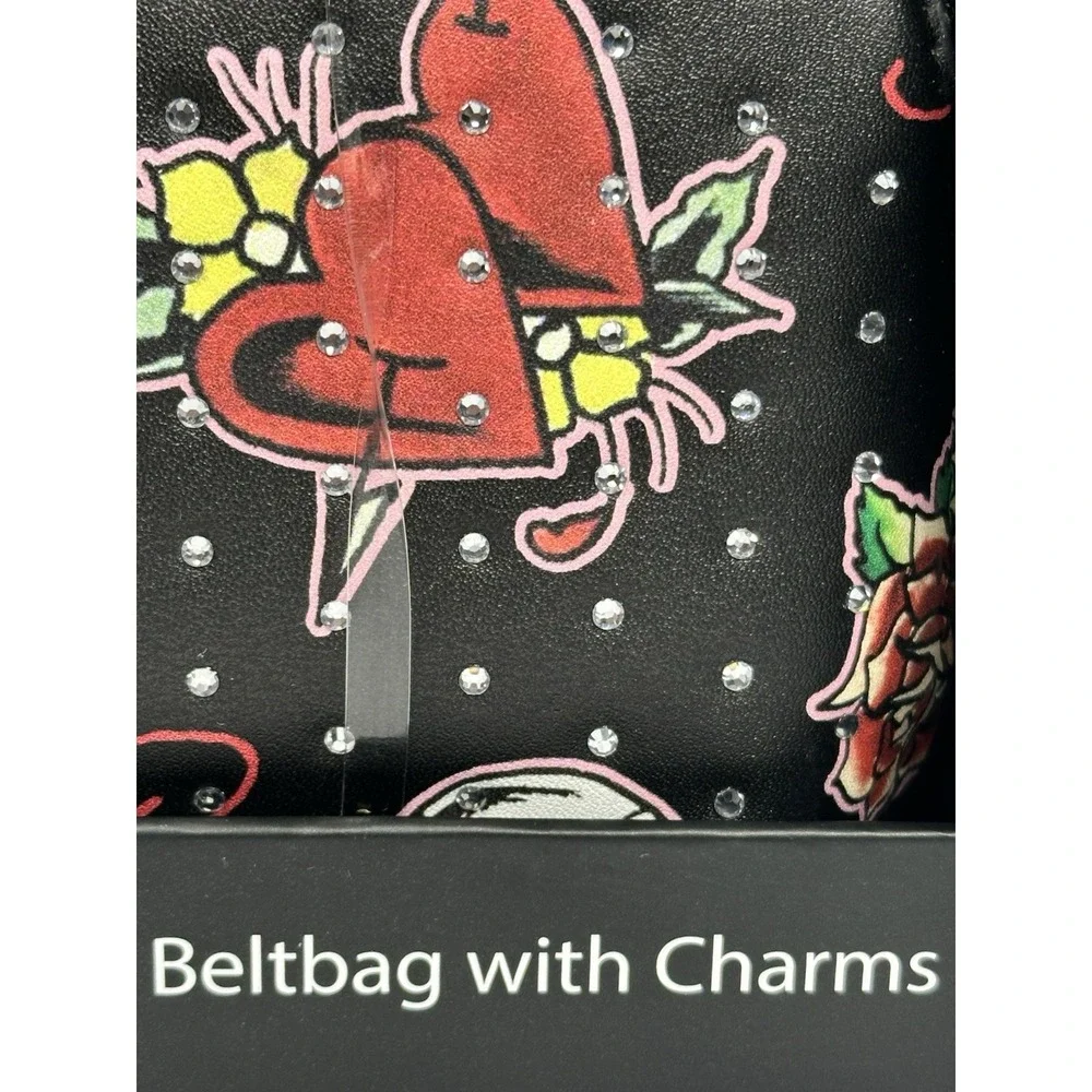 Ed Hardy Black Skull Heart Beltbag with Charms Studded Tattoo Print Boxed